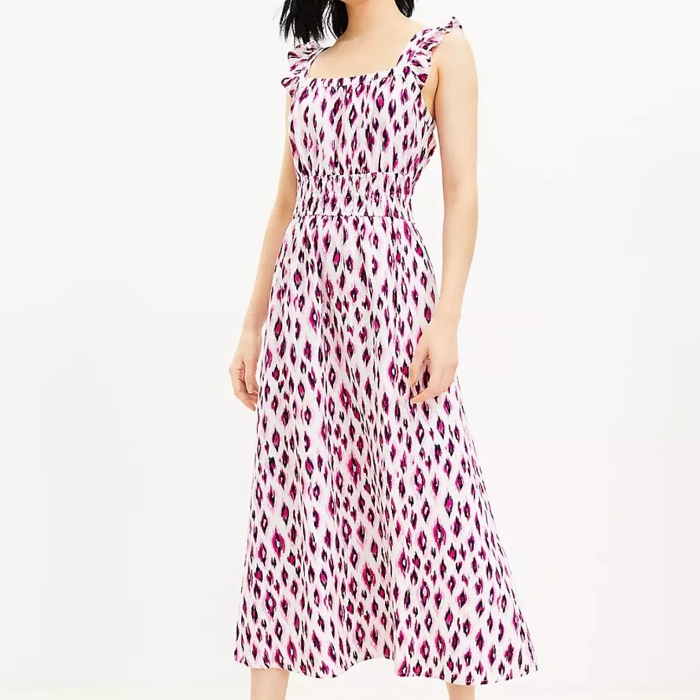 LOFT Animal Print Ruffle Strap Square Neck Midi Dress Women’s Plus Size XXL